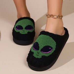 Playful Black and Green Alien Slip-On Slippers